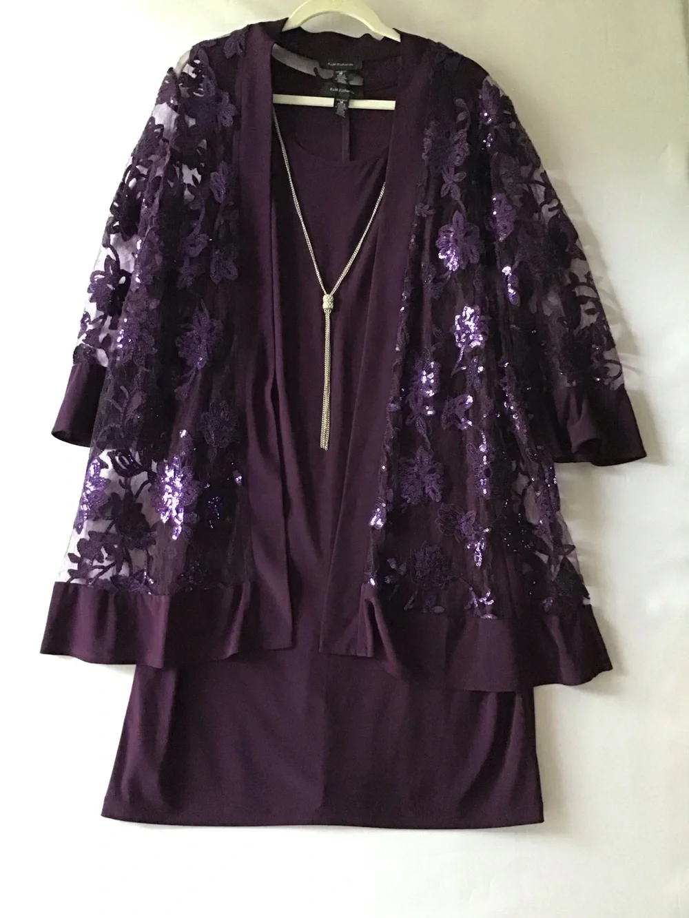 422 R&M Richards Purple Sequined Floral Lace Jacket Dress Set